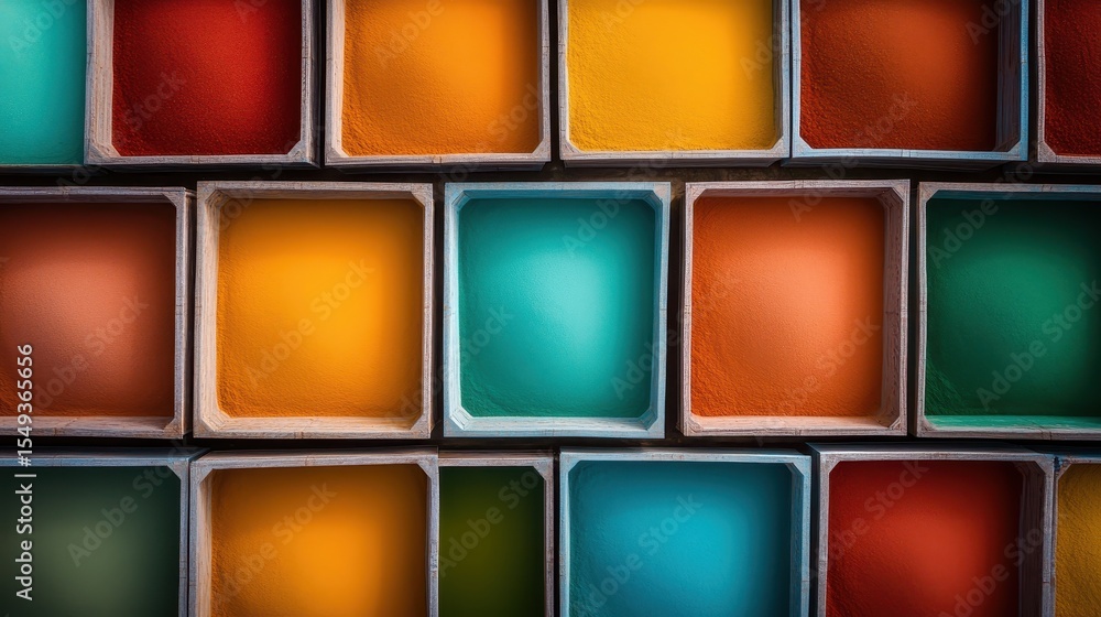 Poster a vibrant display of colorful powders arranged in boxes captures the essence of creativity and artis