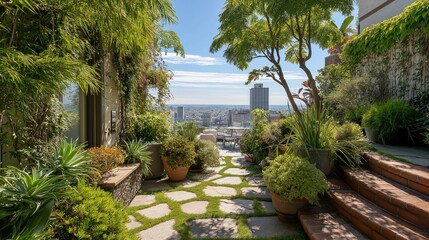Fototapeta premium Lush Rooftop Garden Overlooking City Skyline