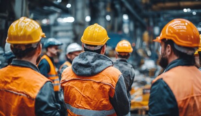 Dedicated industrial workers in safety helmets and vests observe operations within a large factory environment.