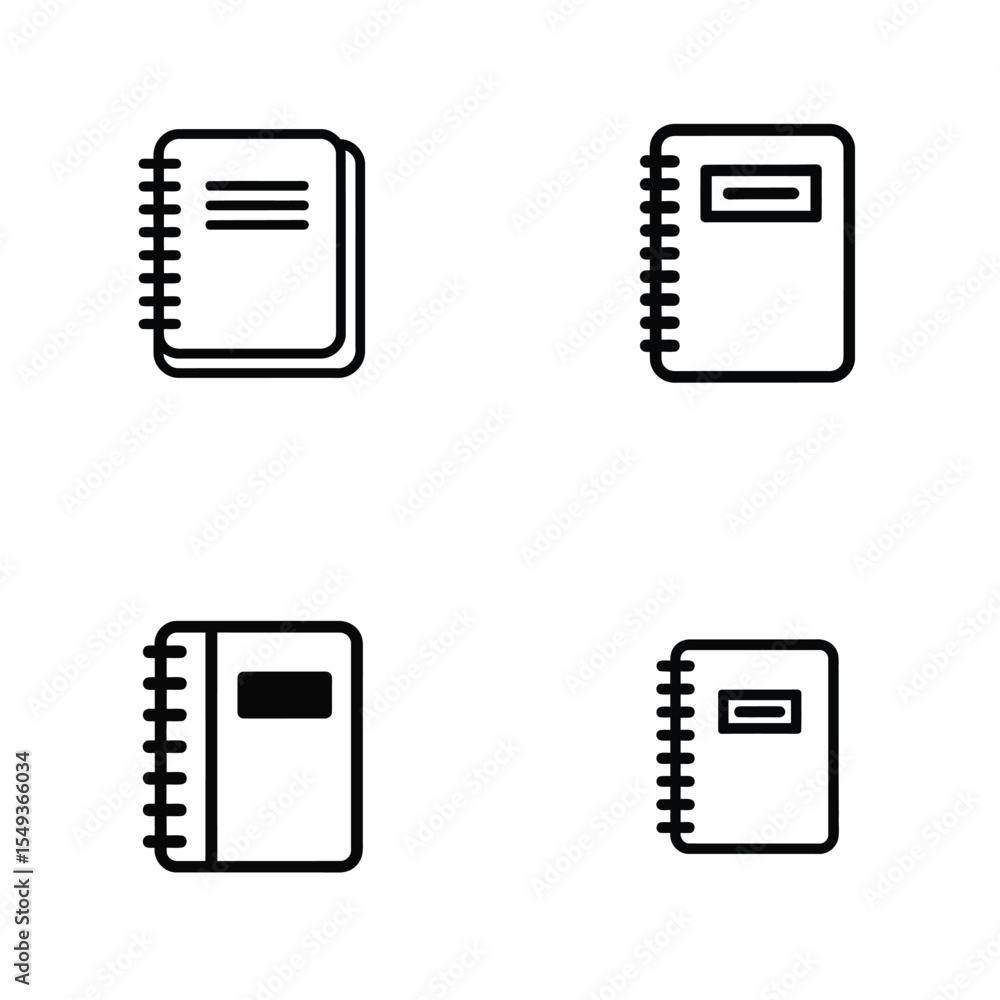 Poster four black line drawings of spiral notebooks on white background different notebook styles and desig