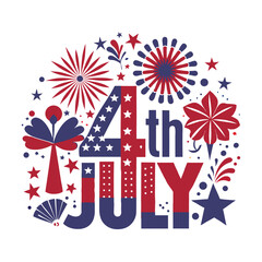 Obraz premium Patriotic 4th of July vector illustration with festive typography, fireworks, and American flag symbols.
