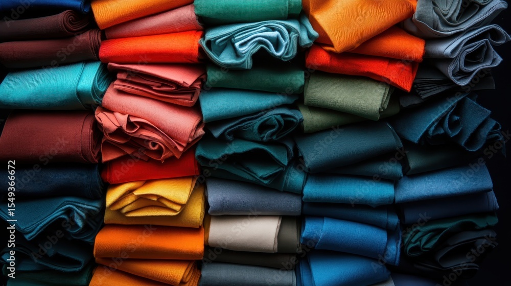 Poster a vibrant display of neatly stacked colorful fabrics in various shades, representing creativity and 