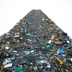 Landfill stretching into the horizon, filled with electronic waste, isolated on white