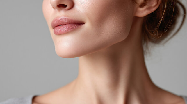 Soft closeup of woman chin and lips with smooth skin and natural makeup, showing gentle smile and delicate jawline against neutral background
