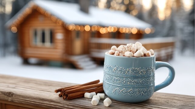 Cozy mug of hot chocolate with marshmallows and cinnamon sticks on a softly blurred winter cabin background holiday vibes