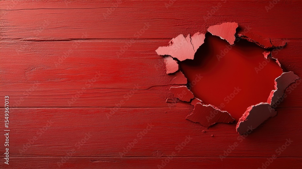Poster a dramatic red surface features peeling layers that reveal a deeper, bold red hue, showcasing an art