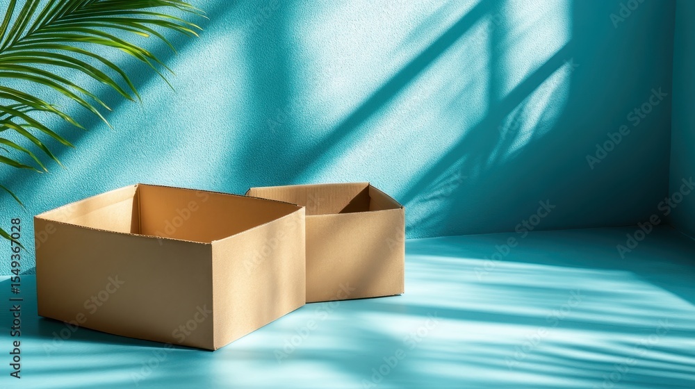 Poster two empty cardboard boxes rest on a vibrant turquoise backdrop, capturing a minimalist aesthetic tha