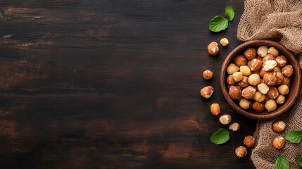 A wooden bowl filled with assorted nuts sits on a rustic table, surrounded by scattered nuts and greenery, capturing a perfect blend of nature and healthy snacking.