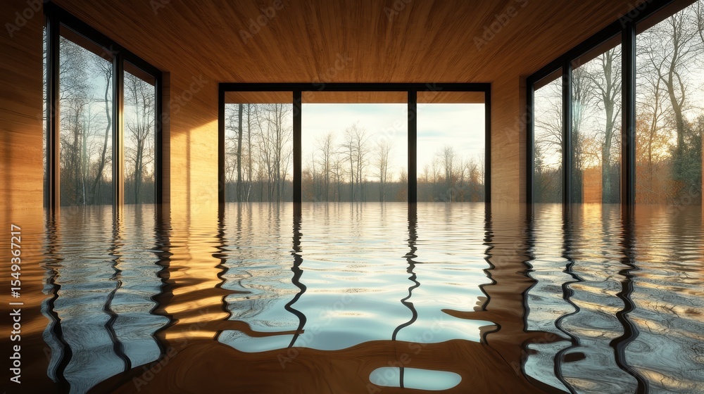 Poster an architectural marvel featuring a flooded room with large glass windows, creating a seamless conne