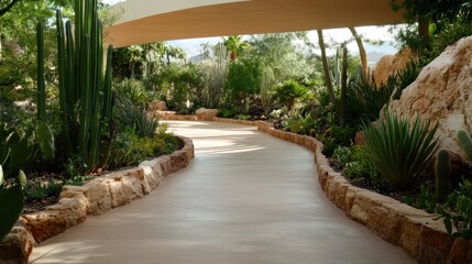 A beautiful winding pathway surrounded by vibrant foliage and cacti, inviting visitors to explore and connect with nature in a tranquil garden setting.