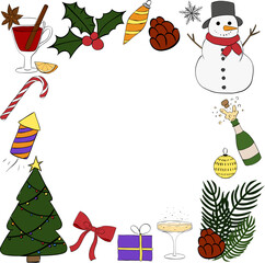 Happy Holidays Winter Holiday Frame circle round template. Vector graphic line ink illustration. Christmas wreath. New Year For poster, flyer, banner, invitation, social media, party or sale