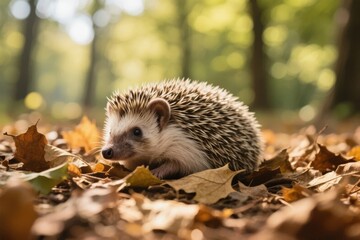 Fototapeta premium Hedgehog Nestled Among Autumn Leaves in a Forest