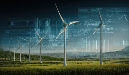 Digital data overlays a serene landscape of modern wind turbines, symbolizing the future of sustainable energy technology.