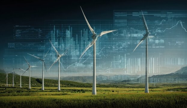 Digital data overlays a serene landscape of modern wind turbines, symbolizing the future of sustainable energy technology.