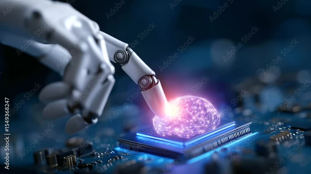 Poster futuristic ai robot engaging with a complex circuit board and electronic brain.