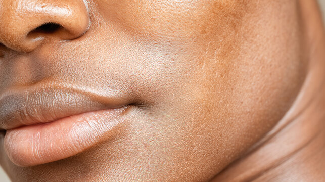 Close up of dark skin with postinflammatory hyperpigmentation on cheek near lips showing natural texture and tone in soft lighting