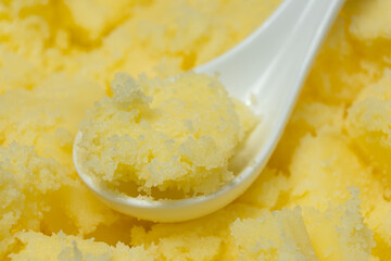Natural Indian Traditional Ghee Butter Clarified Butter In Spoon Close-Up