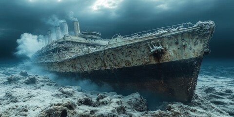 Sunken Shipwreck Resting on Ocean Floor with Corals in Dimly Lit Waters