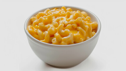 Creamy mac and cheese in a white bowl against a clean white background
