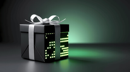 Elegant black present with a silver bow placed on a moody background featuring a vibrant green data trail or circuit board glow.