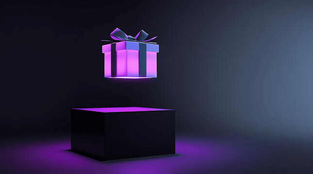 A futuristic glowing purple gift box flying under a dark pedestal with neon lights, all set against a minimal black background, embodying a luxury digital celebration concept.