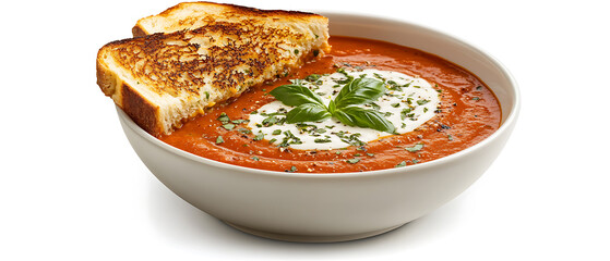 Bowl of creamy tomato soup topped with basil and sour cream, served with grilled cheese sandwiches