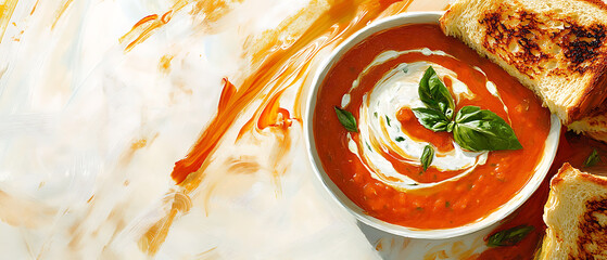 Creamy Tomato Soup with Basil and Crusty Bread Served in a Bowl