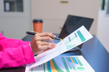 Cheerful business lady working on laptop in office, Asian happy beautiful businesswoman in formal...