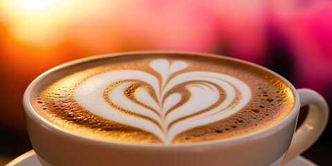 Close-up of latte with heart-shaped foam art set against warm and colorful background creating a cozy coffee moment

