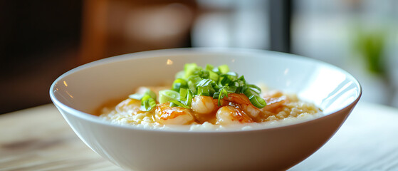 Bowl of Shrimp Congee with Green Onions