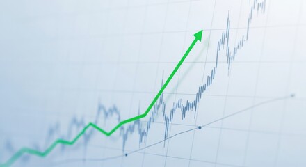 Green arrow pointing upward on financial graph. Business growth chart with rising trend line. Digital stock market data visualization for investment analysis.