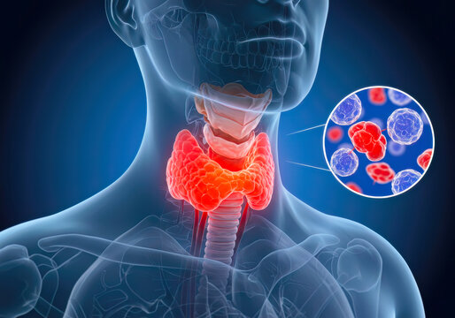 Understanding Thyroid Cancer:  Explore this 3D rendering depicting a thyroid gland affected by a tumor, and magnified cancer cell structures.