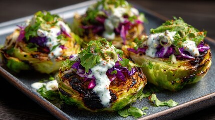 Keto-friendly cabbage. Grilled cabbage dishes topped with creamy sauce and herbs on a dark plate.