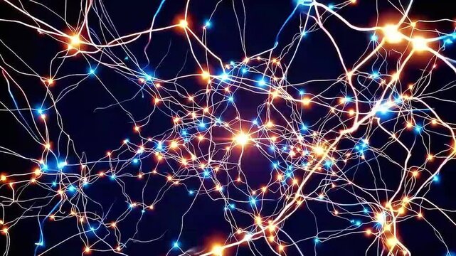 Complex network of interconnected neurons firing and transmitting electrical signals, representing brain activity, neural pathways, and neurological processes