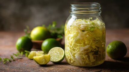 Keto-friendly cabbage. Pickled cabbage in a jar with fresh limes on a rustic background.