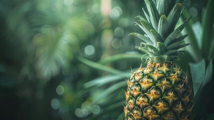 Ripe pineapple with green leaves placed on vibrant backdrop, summer concept.