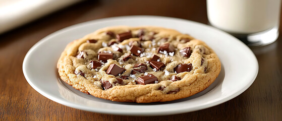 Large chocolate chip cookie served on a white plate with a glass of milk in the background