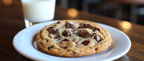 Chocolate Chip Cookie with a Glass of Milk on a Wooden Table
