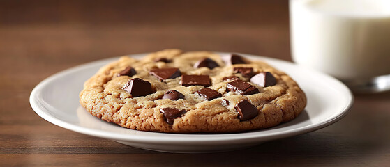 Chocolate Chip Cookie on a Plate with a Glass of Milk in the Background