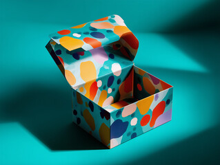 Open colorful box with abstract shapes against a vibrant teal backdrop