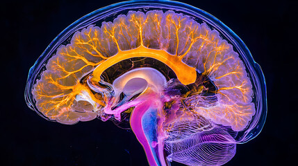 Artistic Visualization of the Human Brain with Highlighted Neural Pathways