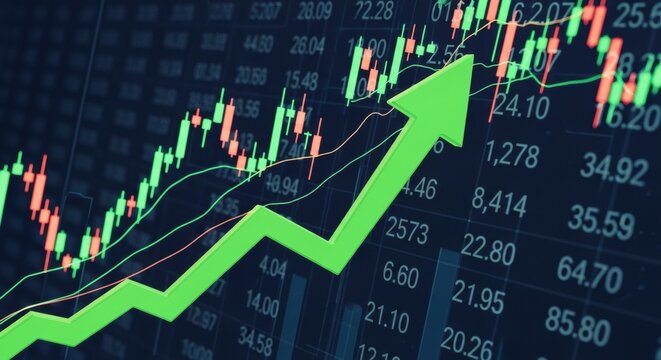 Green arrow pointing upward on financial graph. Business growth chart with rising trend line. Digital stock market data visualization for investment analysis.