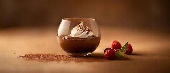 Rich Chocolate Mousse in a Glass Topped with Whipped Cream and Garnished with Raspberries