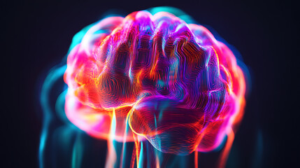 Neon-Infused Brain Illustration with Vibrant Colors and Glowing Lines