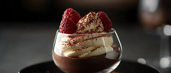 Elegant Dessert with Chocolate Mousse, Whipped Cream, and Fresh Raspberries