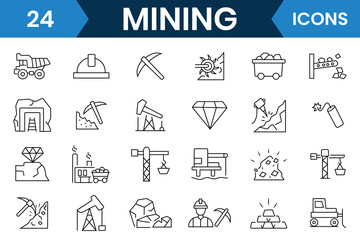Mining icon set collection. Set of Mining outline icon, vector symbol, Diamond, gold, mine, ore, pickaxe, coal wagon and more. Vector illustration.