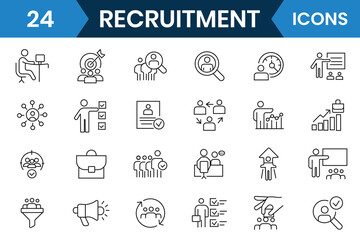 Recruitment icon set collection. Recruitment outline icon, vector, symbol, job search, interview, job fair, screening, short listed, employee icon. Vector illustration.