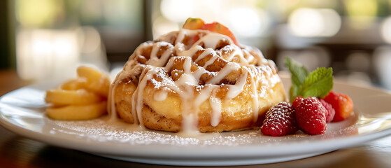 Delicious Waffle with Cinnamon, Glaze, and Fresh Berries Served on a Plate