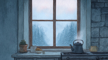 Fototapeta premium A Serene Kitchen Window View: Discover a Cozy Atmosphere with a Watercolor Scene of Misty Mountains and a Charming Tea Kettle, Perfect for Comfy Living Aesthetics
