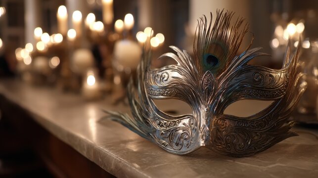 Elegant Venetian masquerade mask with metallic silver filigree and peacock feathers on a softly blurred candlelit ballroom backdrop